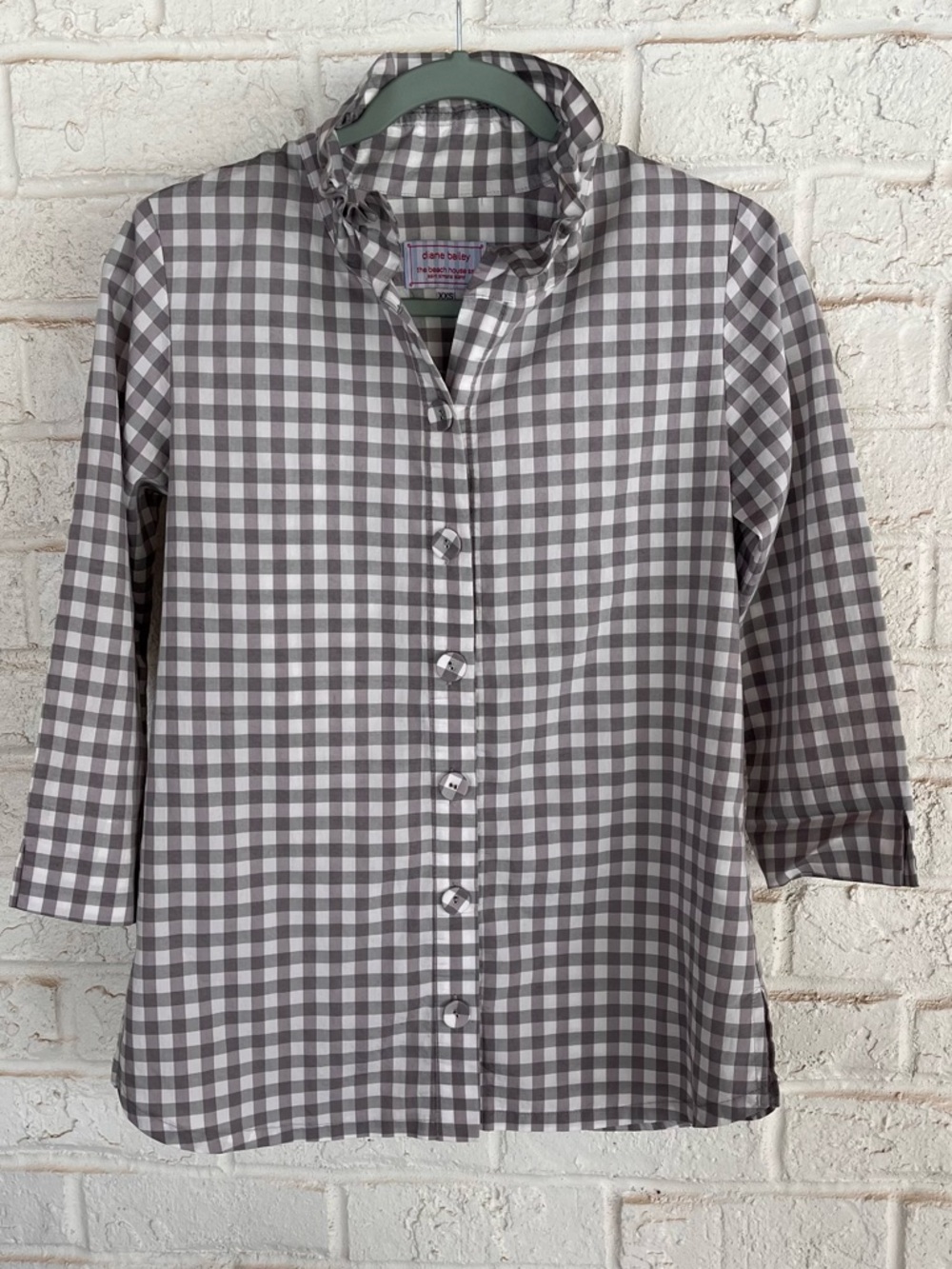 Diane Bailey The Beach House SSI Grey Gingham Ruffled Tunic Blouse Women’s XXS